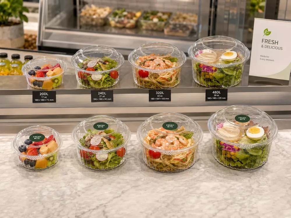 Clear PET deli containers displayed for chilled food, salads, fruit, and takeaway meals