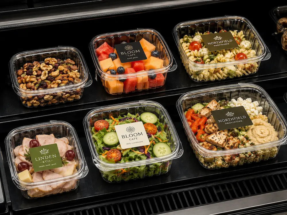 Clear PET deli containers for salads, fruit, nuts, pasta, and chilled ready-to-eat food display