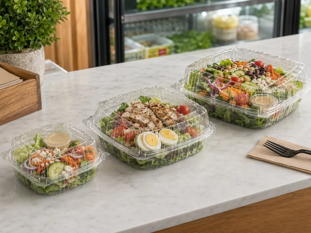 Clear PET deli containers for fresh salad packaging with high visibility and clean retail presentation