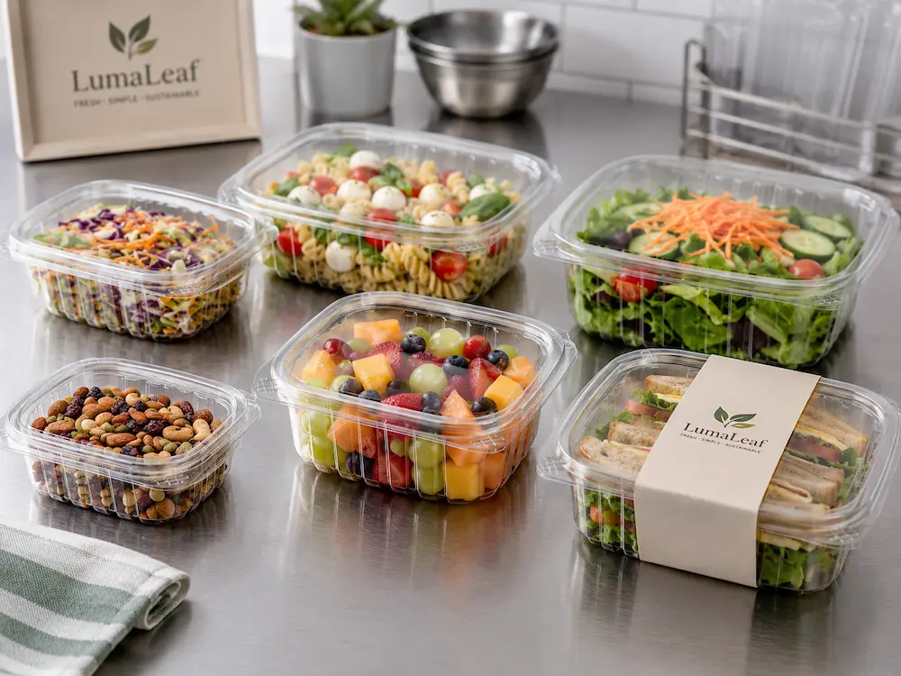 Clear PET deli and salad containers filled with fruit, salads, pasta, nuts, and sandwiches