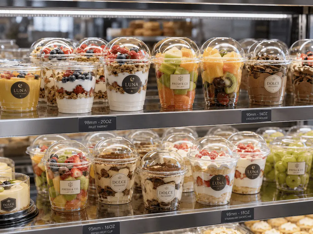 Clear PET dome lid cups for fruit parfaits, yogurt drinks, and dessert beverages in a chilled retail display
