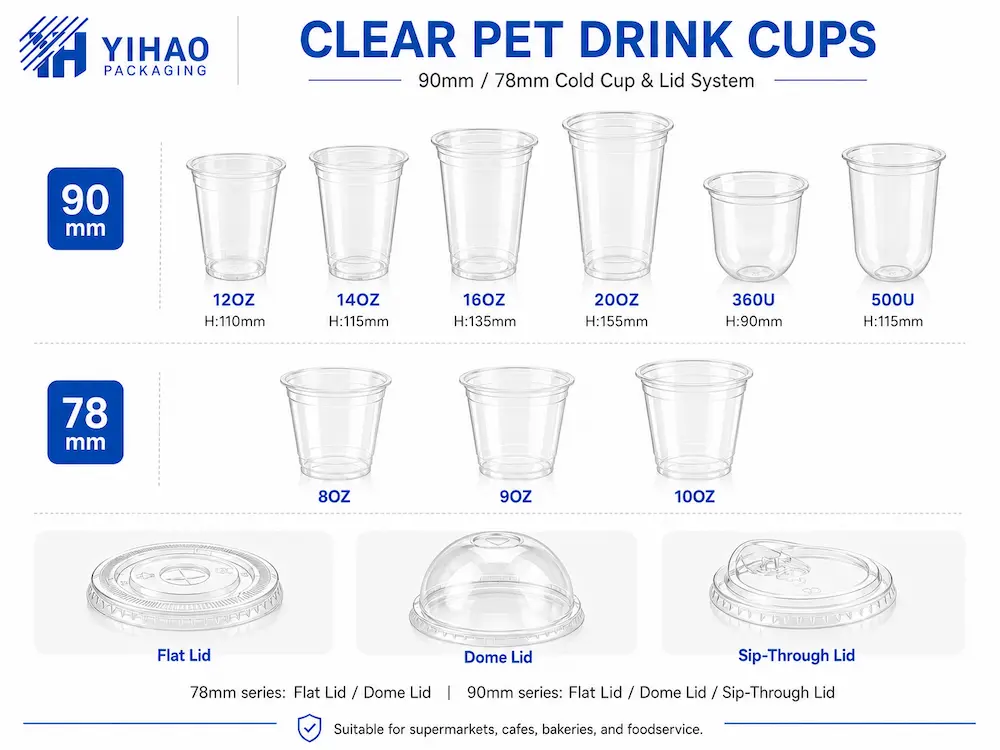 Clear PET drink cup size chart with 90mm and 78mm cold cup and lid system options