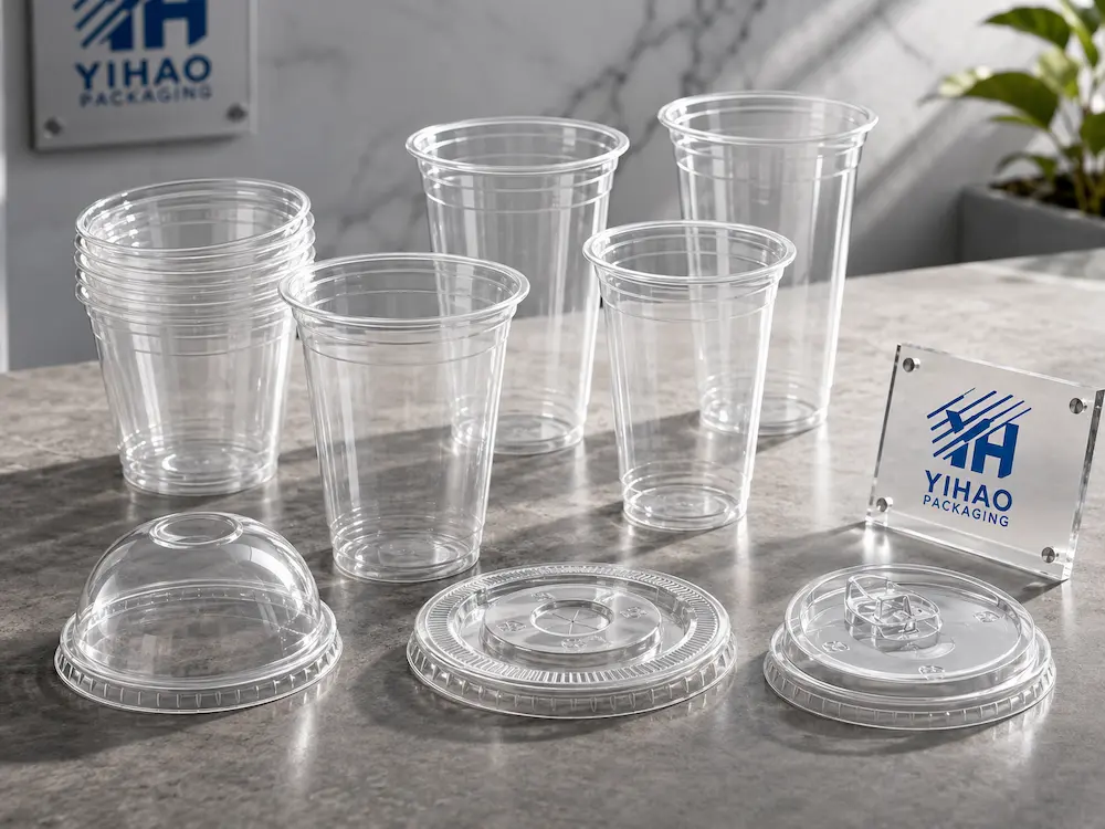Clear PET drink cups with matching flat, dome, and sip-through lids for cold beverage packaging