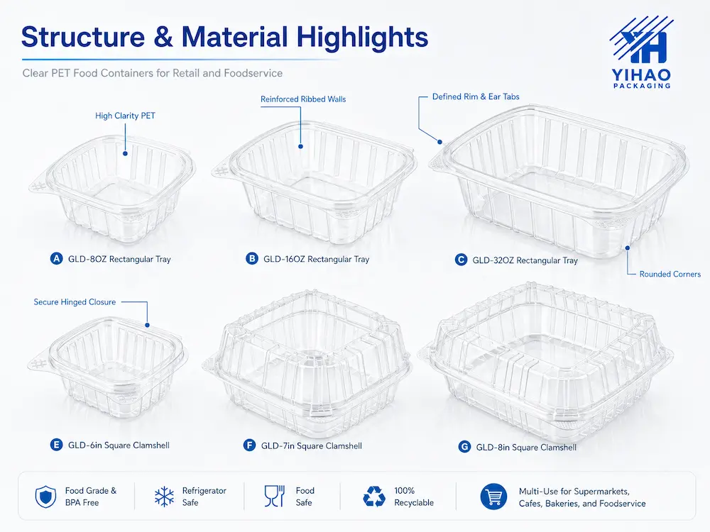 Clear PET food containers with reinforced ribbed walls, defined rims, and secure hinged closure details