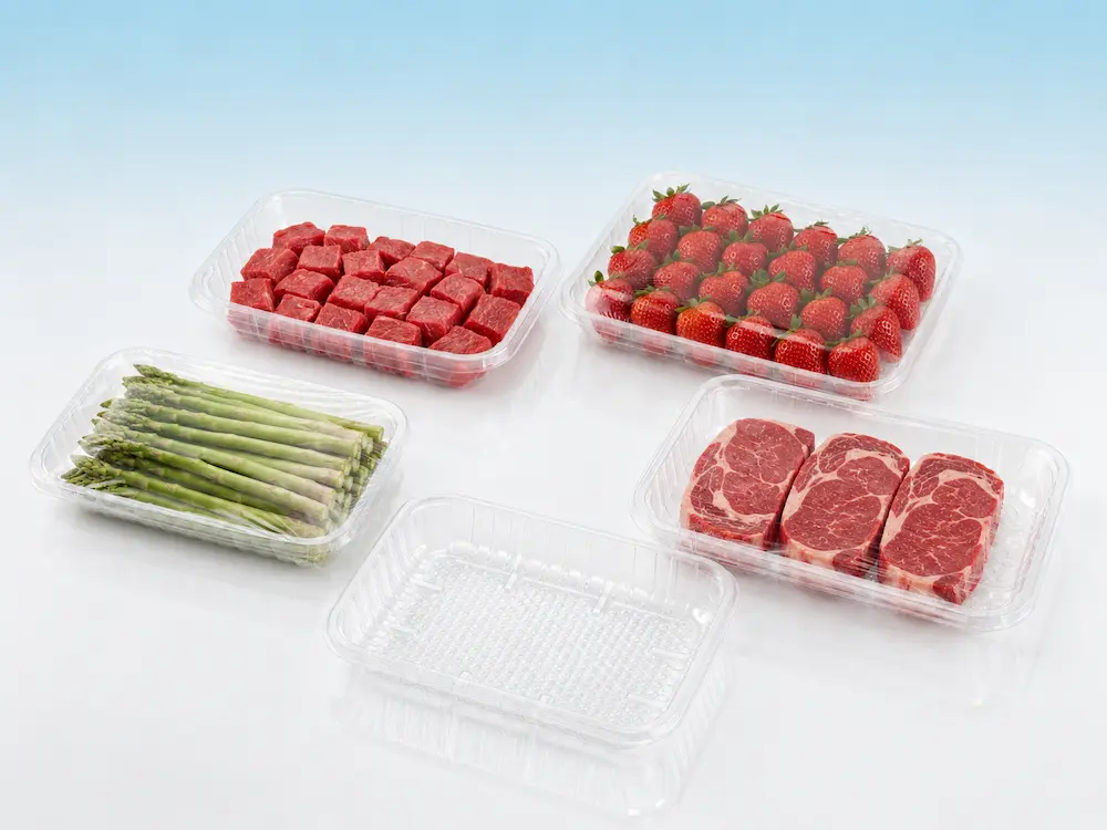 Clear PET food trays for strawberries, asparagus, diced meat and fresh food display packaging