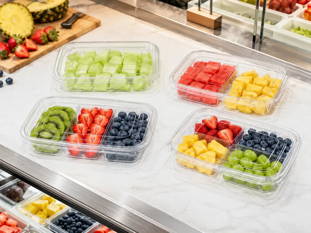 PET Fruit Container Design FAQ: Materials, Sizes, Uses, and Ordering Questions 2 Clear PET fresh-cut fruit containers displayed with mixed fruit in a chilled retail counter