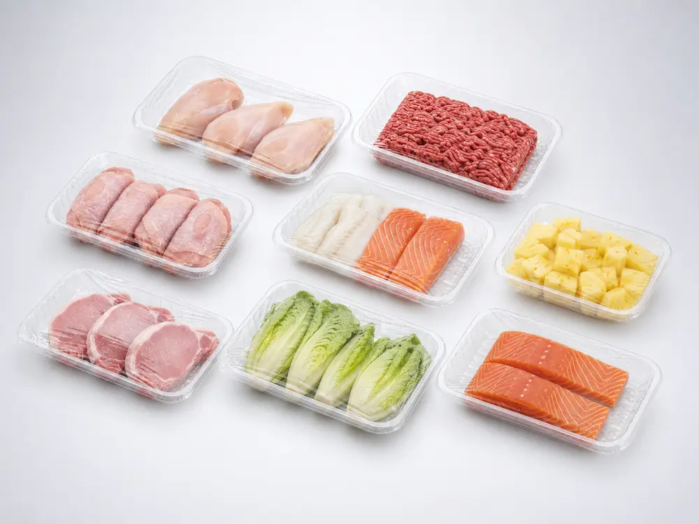 Clear PET fresh food trays with chicken, ground meat, salmon, pork, pineapple, and leafy greens in a premium cool gray studio composition