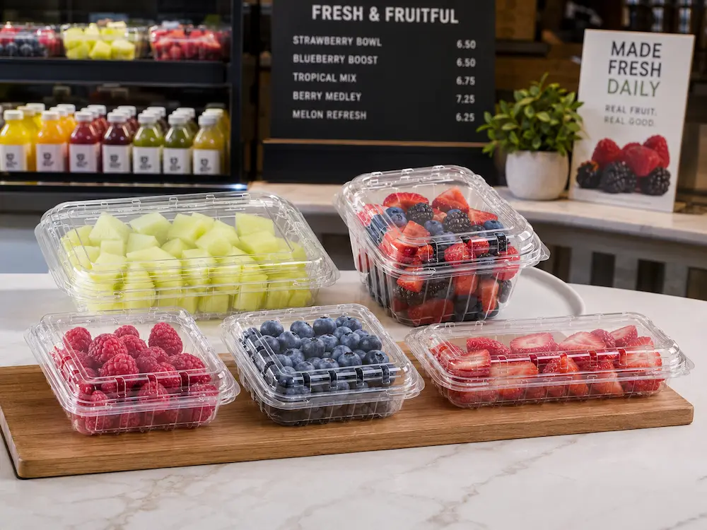 Clear PET fresh fruit containers for retail display takeaway and chilled food packaging