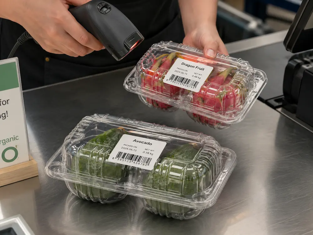 Fruit Packaging for Supermarkets and Convenience Stores Complete Guide 5 Clear PET fruit clamshell containers with barcode labels being scanned at retail checkout