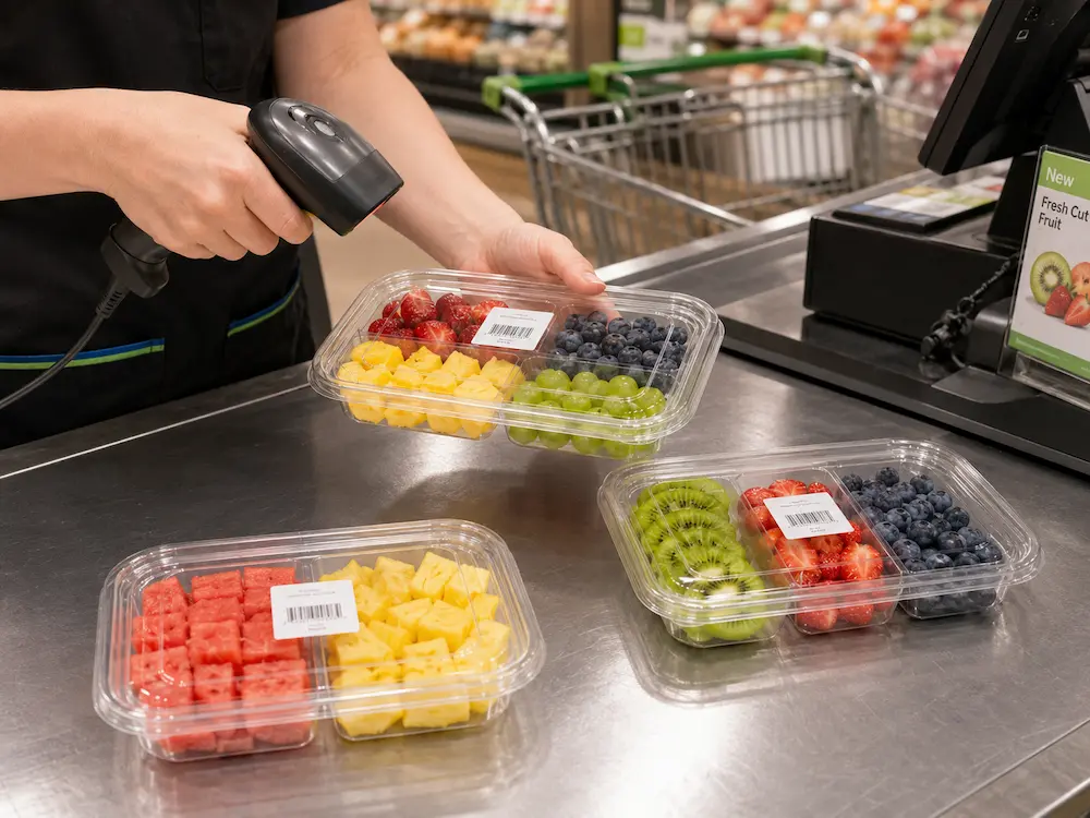 PET Fruit Container Design FAQ: Materials, Sizes, Uses, and Ordering Questions 4 Clear PET fruit container with barcode label being scanned at retail checkout