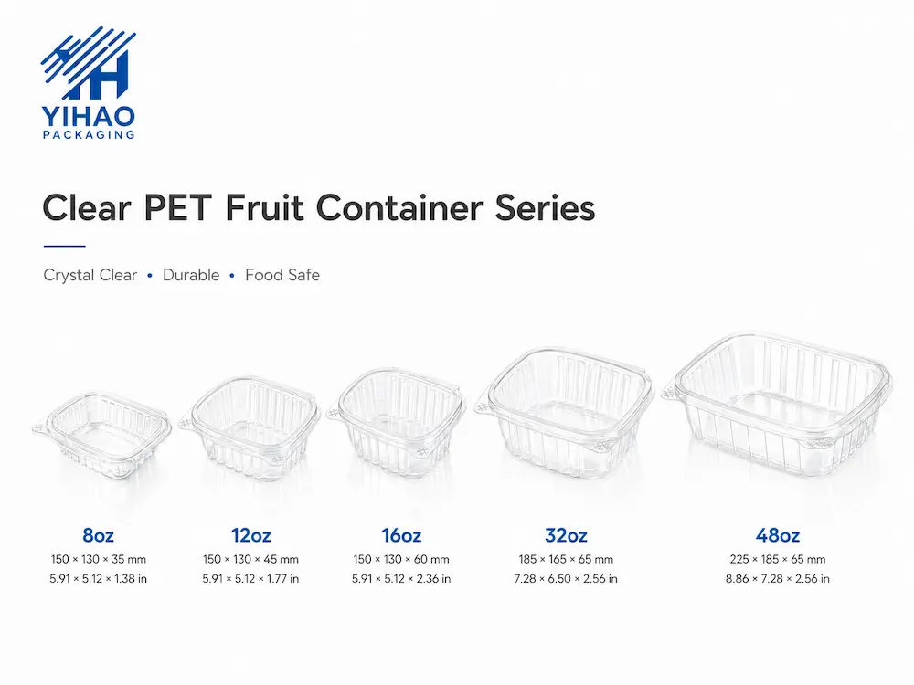 Ready-to-Eat Fruit Containers: Buyer Guide for Food Packaging Teams 1 Clear PET ready-to-eat fruit containers in multiple sizes for fresh-cut fruit packaging