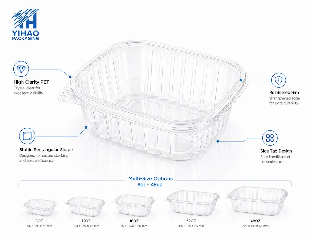 Ready-to-Eat Fruit Containers: Buyer Guide for Food Packaging Teams 5 Clear PET fruit container structure showing reinforced rim, side tab design, and high clarity material