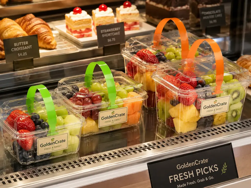 Clear PET carry-handle fruit containers in cafe bakery chilled display with fresh fruit and desserts