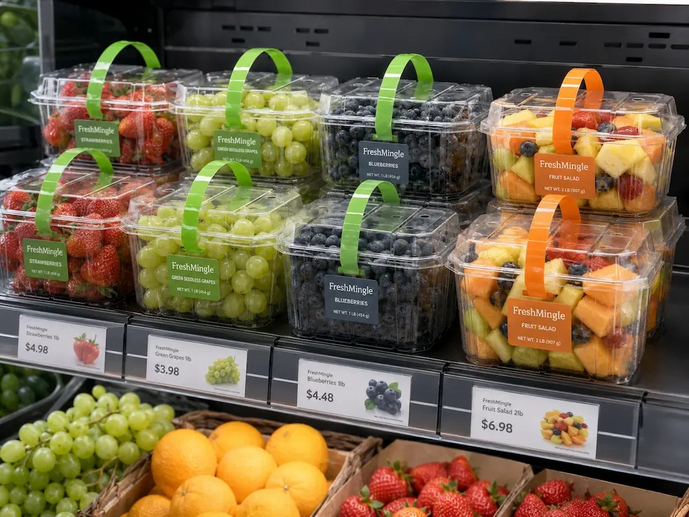 Clear PET fruit containers with retail labels in refrigerated fresh produce display