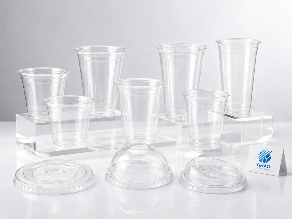 Wholesale Fruit Tea Cups: Manufacturer and Supplier Checklist 1 Clear PET fruit tea cups and matching lids displayed as a wholesale cup and lid system