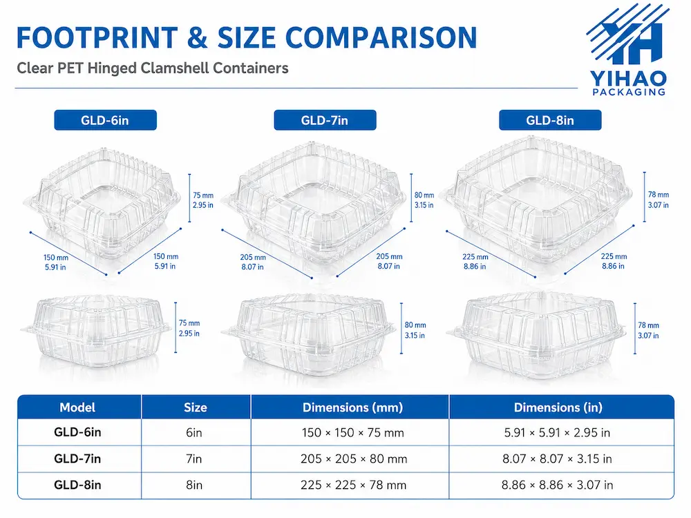 Wholesale Deli Clamshell Packaging: Manufacturer and Supplier Checklist 5 Footprint and size comparison of 6in, 7in, and 8in clear PET hinged clamshell containers with dimensions in millimeters and inches