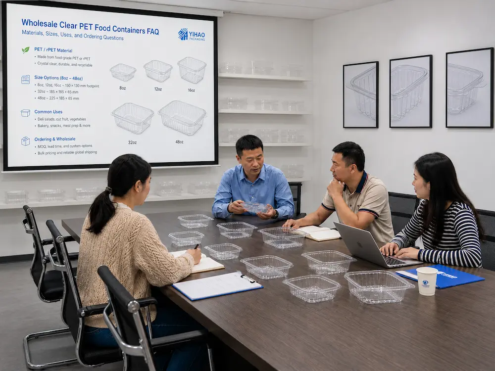 Wholesale Hinged Containers FAQ: Materials, Sizes, Uses, and Ordering Questions 6 Food packaging supplier meeting for clear PET hinged container samples