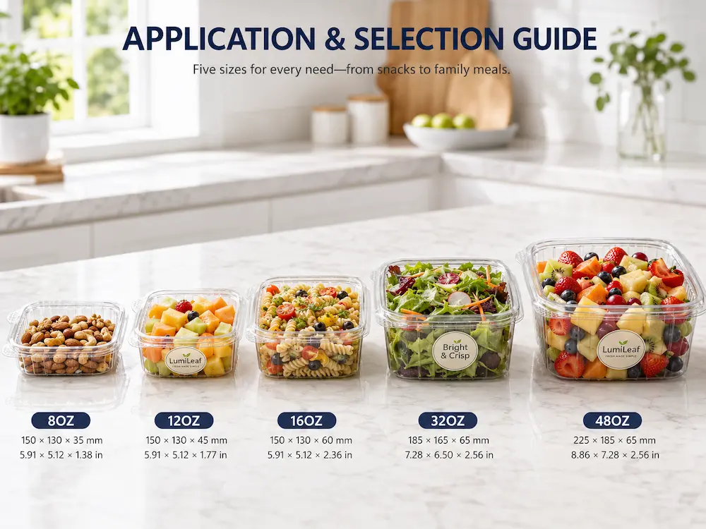 Wholesale Hinged Containers FAQ: Materials, Sizes, Uses, and Ordering Questions 4 Clear PET hinged food containers size selection guide for snacks salads and fruit