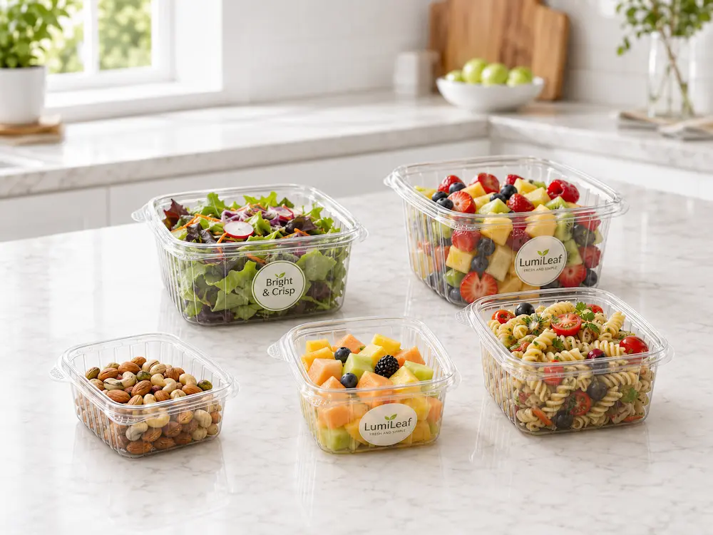 Wholesale Hinged Containers FAQ: Materials, Sizes, Uses, and Ordering Questions 1 Clear PET hinged containers filled with salad fruit pasta and snacks