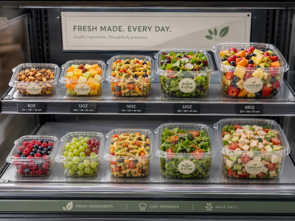 Wholesale Hinged Containers FAQ: Materials, Sizes, Uses, and Ordering Questions 5 Clear PET hinged containers displayed in retail chilled food case