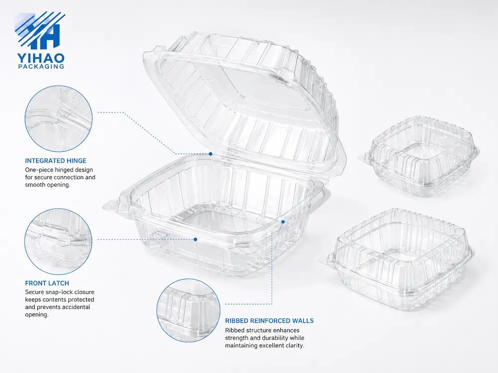Fruit Deli Containers: Buyer Guide for Food Packaging Teams 3 Clear PET hinged deli container showing integrated hinge front latch and ribbed reinforced walls
