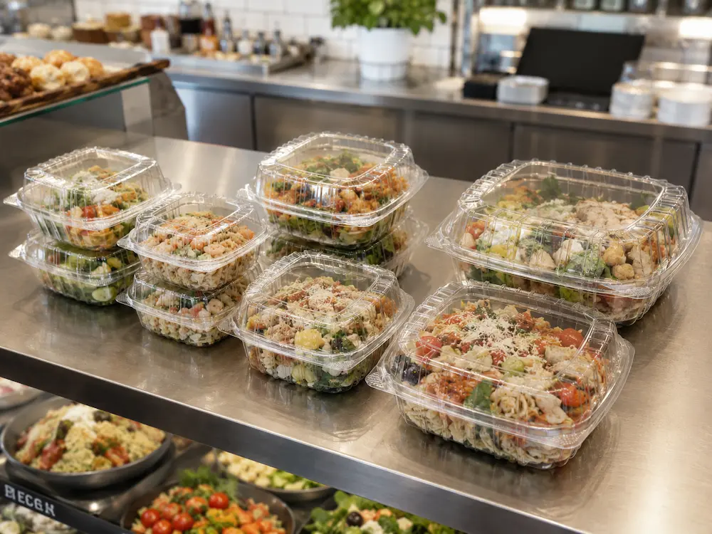 Wholesale Deli Clamshell Packaging: Manufacturer and Supplier Checklist 2 Clear PET hinged deli containers filled with salads and ready-to-eat foods on a foodservice preparation counter