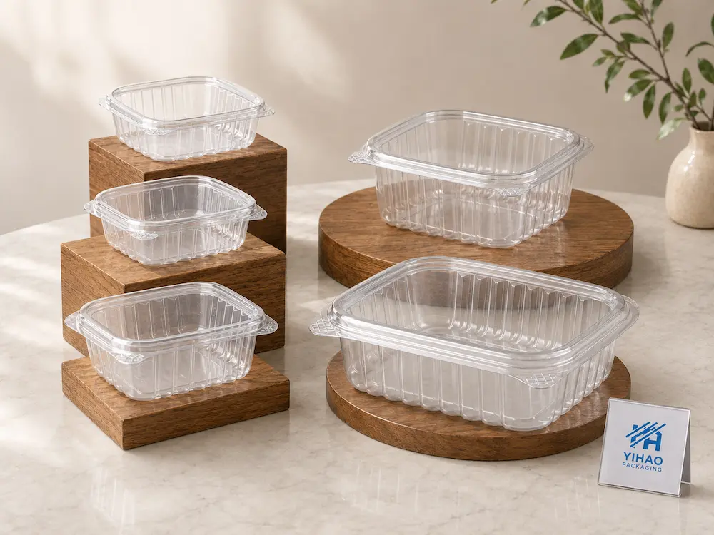 Clear PET hinged deli containers displayed as a coordinated packaging range with YIHAO branding