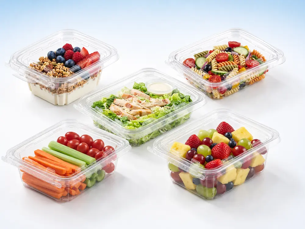 Clear PET hinged food containers for yogurt parfait, chicken salad, pasta salad, vegetables, and fresh fruit packaging