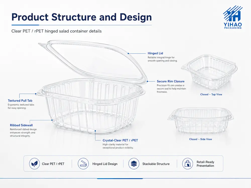 Salad Packaging Containers: Buyer Guide for Food Packaging Teams 5 Clear PET hinged salad container structure with lid rim sidewall and pull tab details