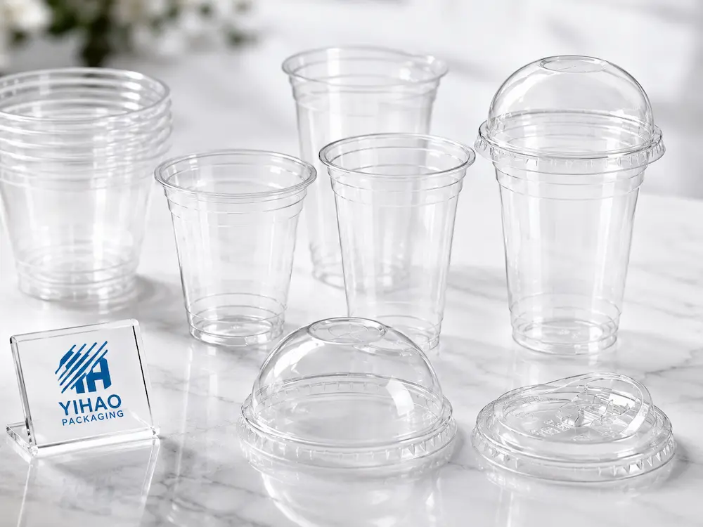 Iced Tea Cups FAQ: Materials, Sizes, Uses, and Ordering Questions 1 Clear PET iced tea cups with flat, dome, and sip-through lids from YIHAO