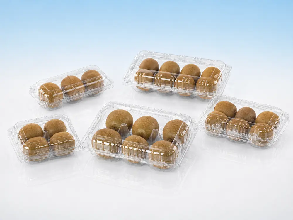 Clear PET kiwi fruit clamshell trays for two-pack, four-pack and multi-pack produce packaging