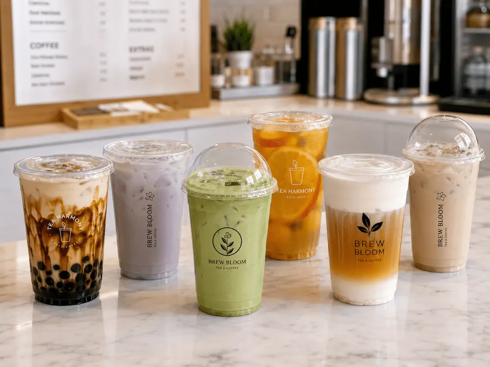 Milk Tea Cups: Buyer Guide for Food Packaging Teams 6 Clear PET milk tea cups with flat lids and dome lids for boba drinks, matcha, fruit tea, and iced coffee