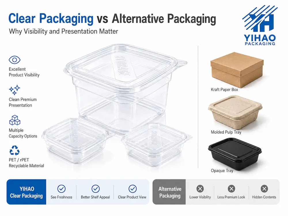 Clear PET square containers compared with kraft paper, molded pulp, and opaque food packaging