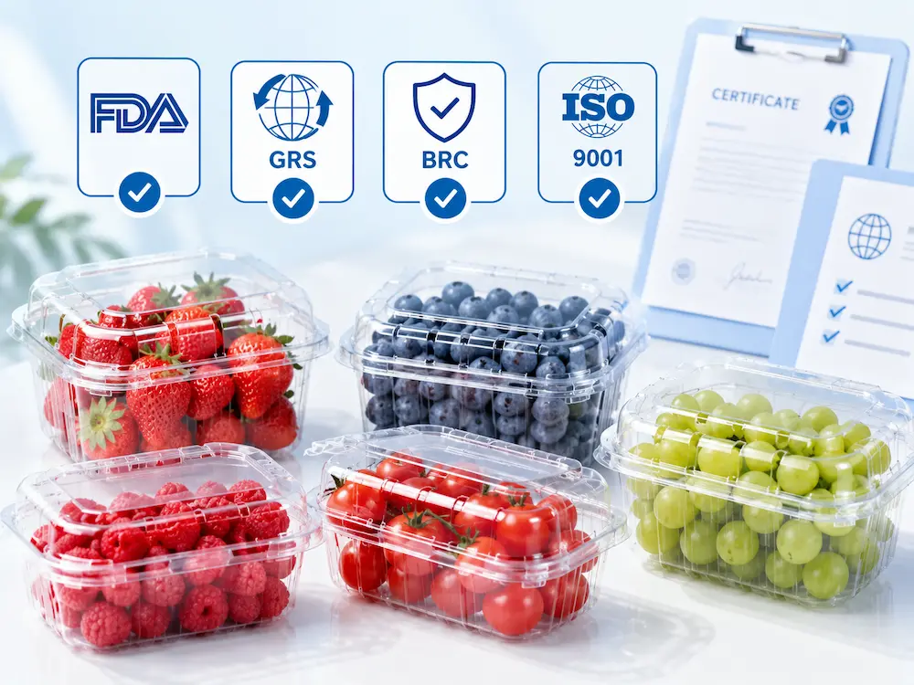 Clear PET produce clamshell containers with FDA, GRS, BRC, and ISO 9001 compliance icons for fresh fruit packaging