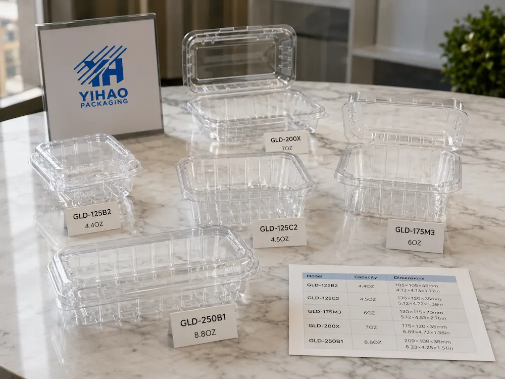 PET Produce Clamshells FAQ: Materials, Sizes, Uses, and Ordering Questions 1 Clear PET produce clamshell sample display with YIHAO packaging models for berries and fresh produce