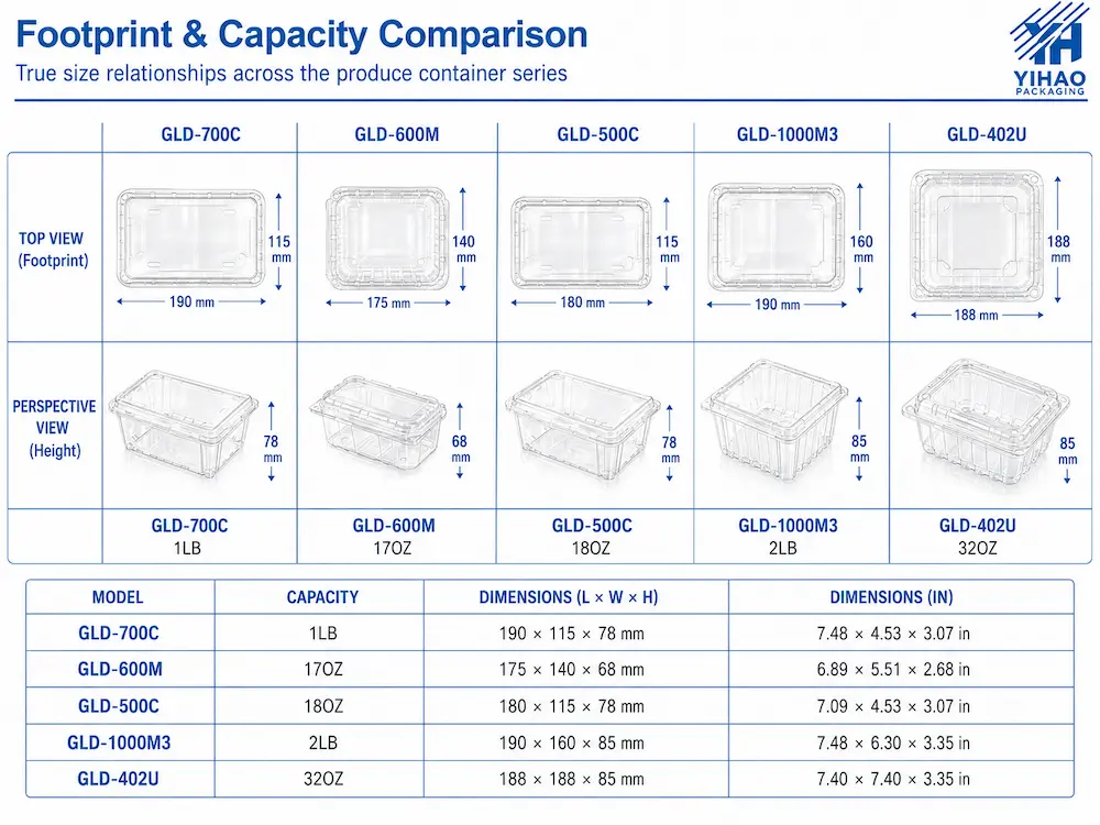 Export Fruit Packaging FAQ: Materials, Sizes, Uses, and Ordering Questions 3 Footprint and capacity comparison chart for clear PET produce containers