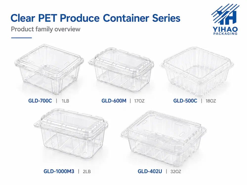 Export Fruit Packaging FAQ: Materials, Sizes, Uses, and Ordering Questions 1 Clear PET produce container series with GLD models for export fruit packaging