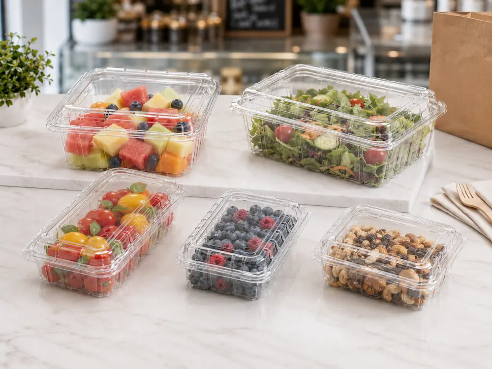 Clear PET produce containers for fruit salad, berries, cherry tomatoes, salad, and nuts