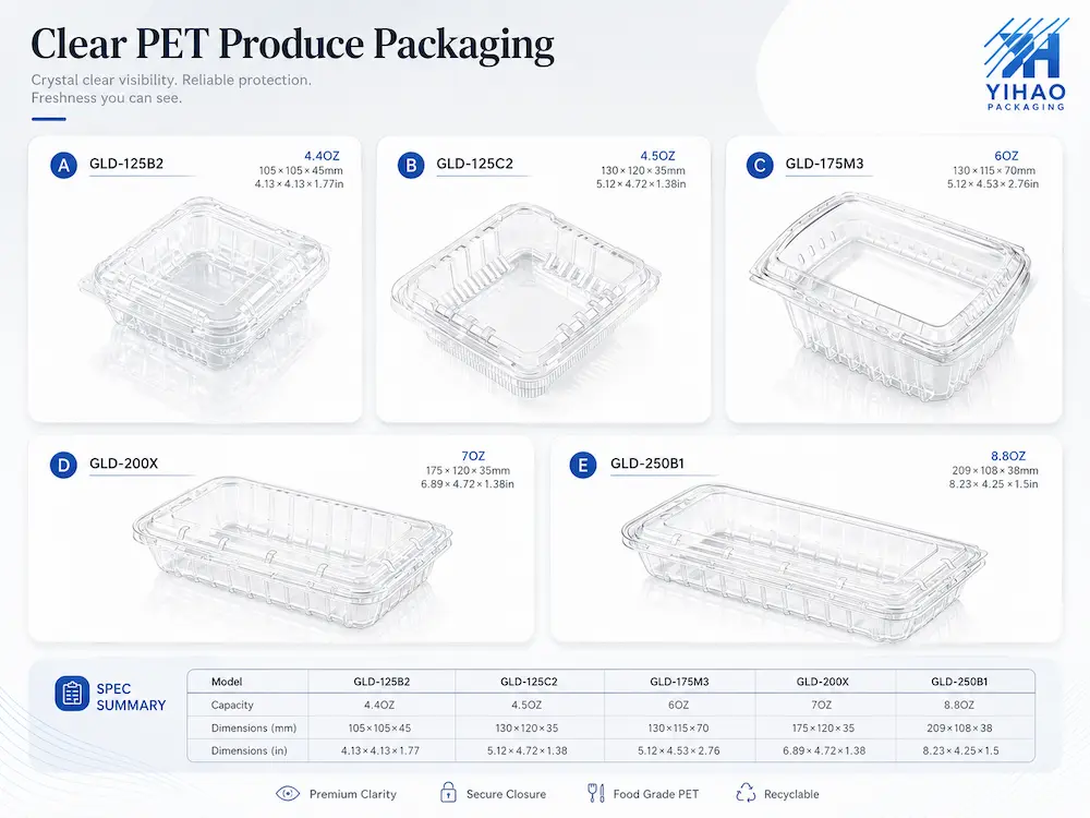 Clear PET produce packaging specification summary for wholesale fruit containers