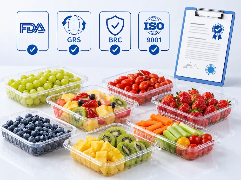 Clear PET produce trays with fresh fruit and vegetables for certified food packaging quality support