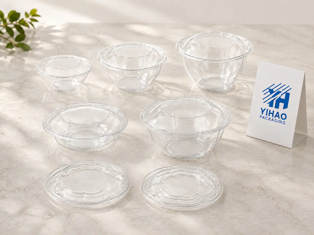 Clear PET round deli container range with separate lids for SKU and size planning