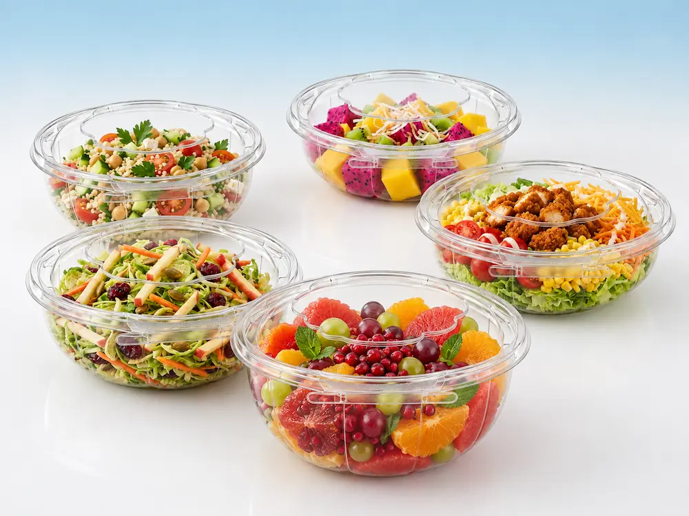 Clear PET round salad bowls with lids for fruit salad, grain salad, chicken salad, and ready-to-eat cold food packaging