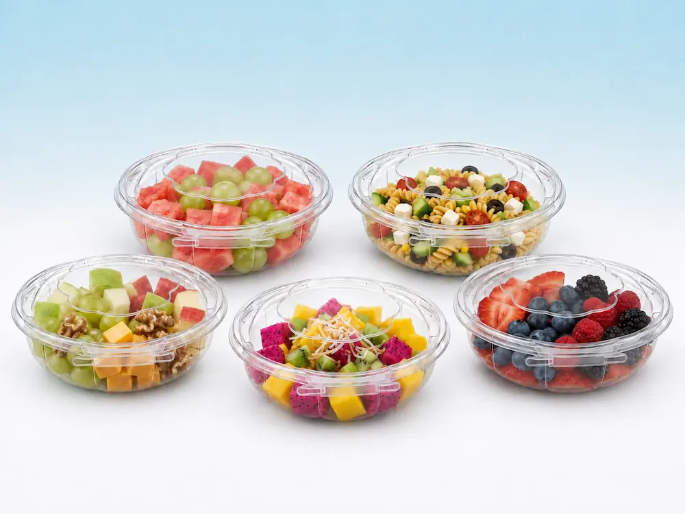 Clear PET round salad bowls with lids for fruit salad, pasta salad, berry mix, watermelon, and fresh takeaway food packaging