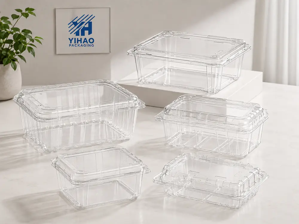 Clear PET and rPET bulk produce containers in multiple sizes for fresh fruit and chilled food packaging