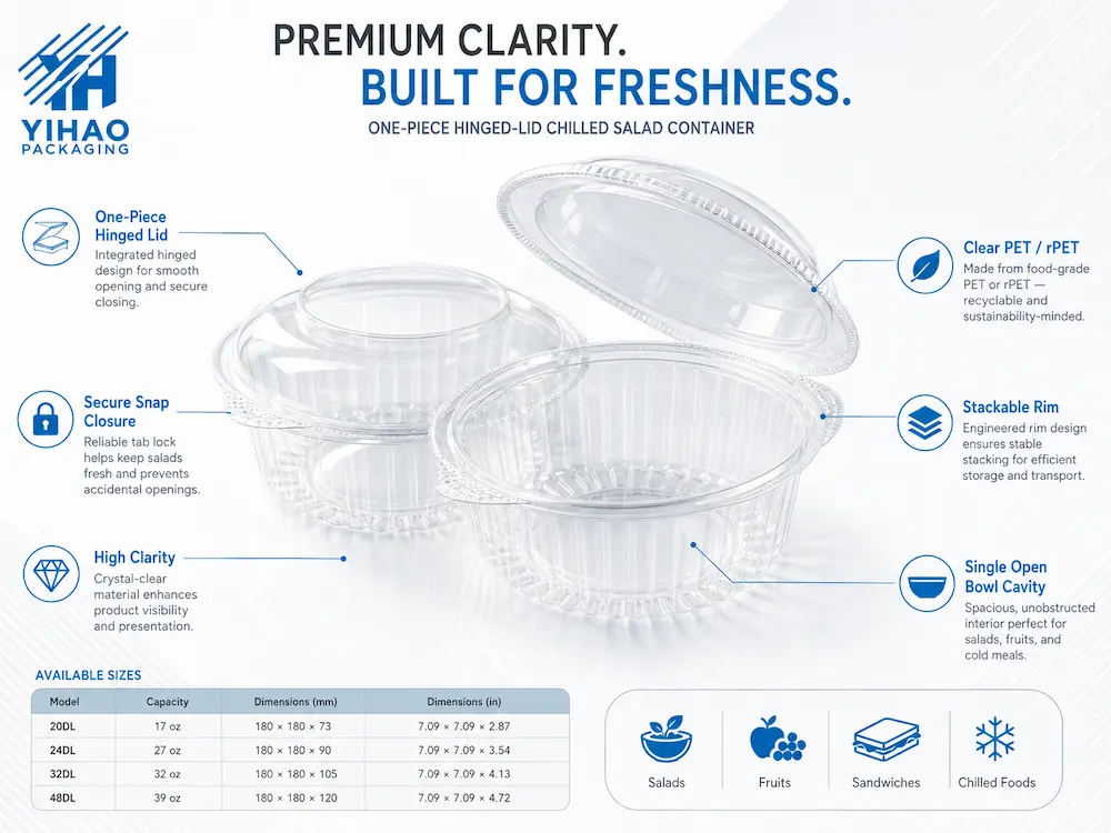 Chilled Salad Packaging FAQ: Materials, Sizes, Uses, and Ordering Questions 2 Clear PET and rPET one-piece hinged salad container with structural feature callouts