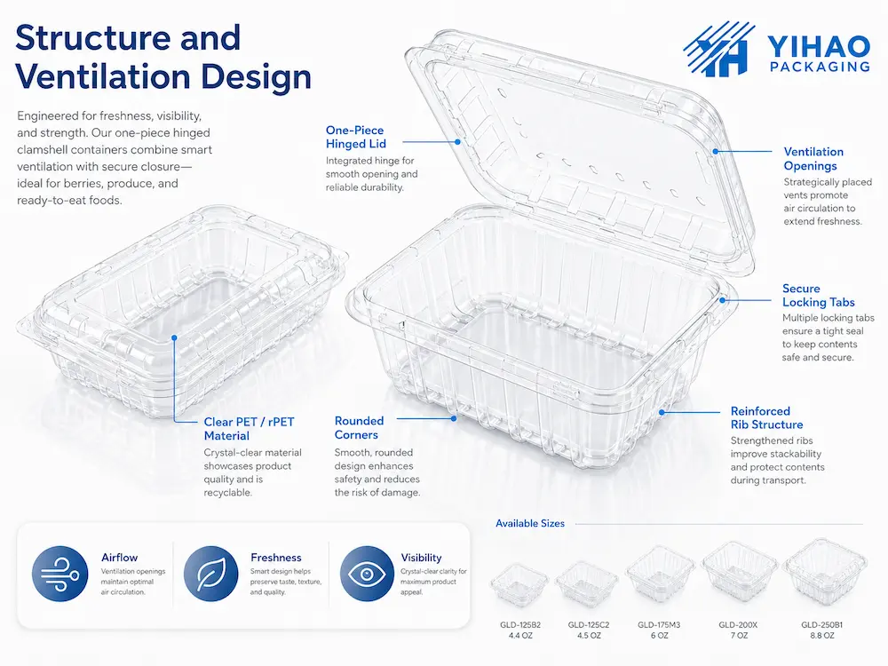 Ventilated Produce Clamshell Containers Complete Buyer Guide 2 Clear PET rPET clamshell container structure with ventilation openings and secure locking tabs
