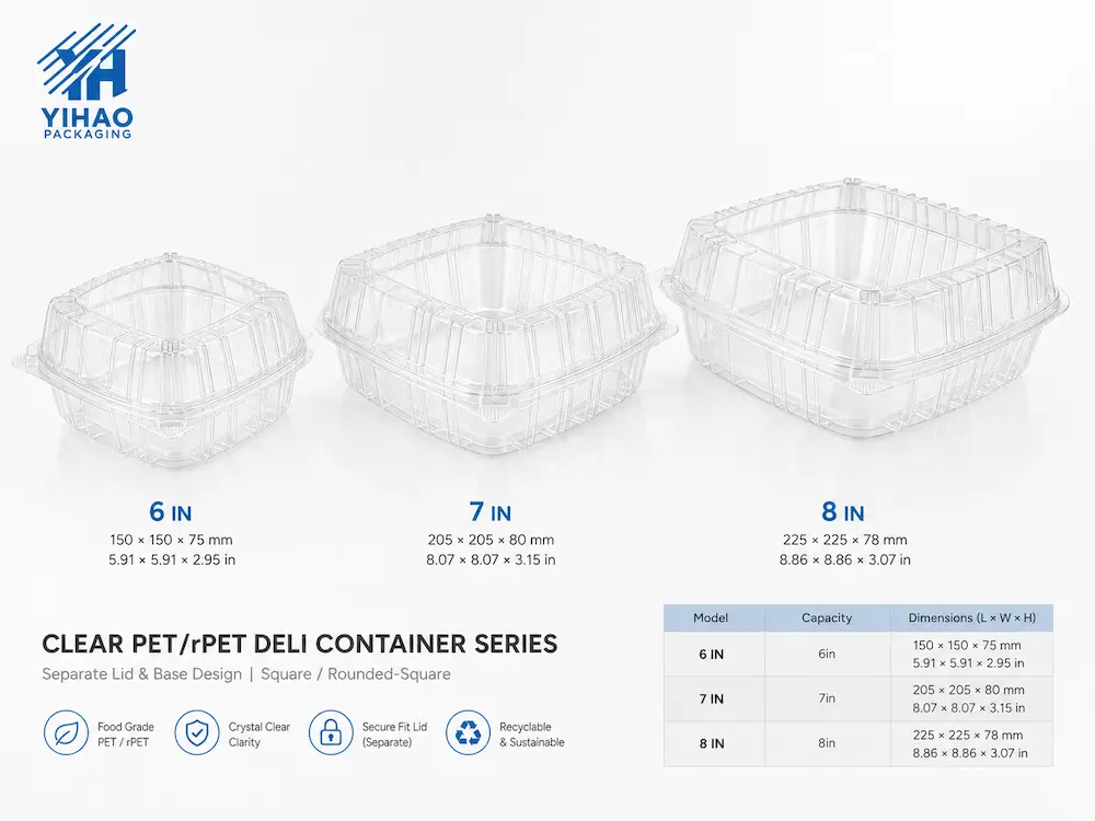 Fruit Deli Containers: Buyer Guide for Food Packaging Teams 2 Clear PET rPET deli container series in 6 inch 7 inch and 8 inch sizes