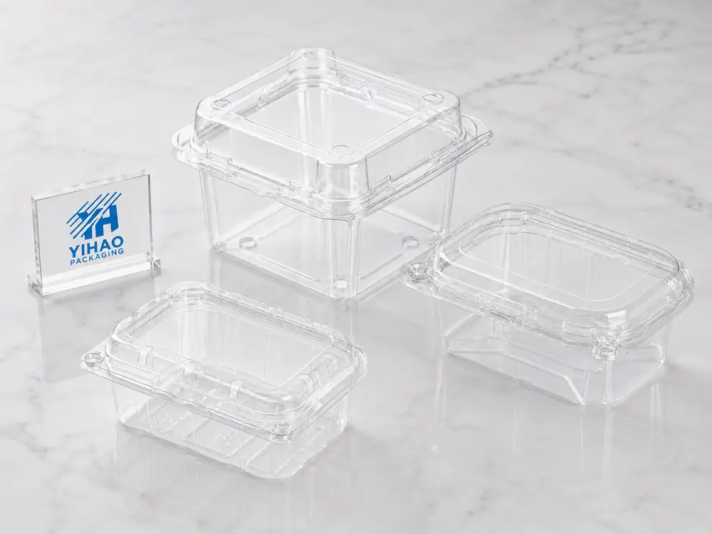 Empty clear PET rPET hinged clamshell fruit containers showing lid structure and closure design
