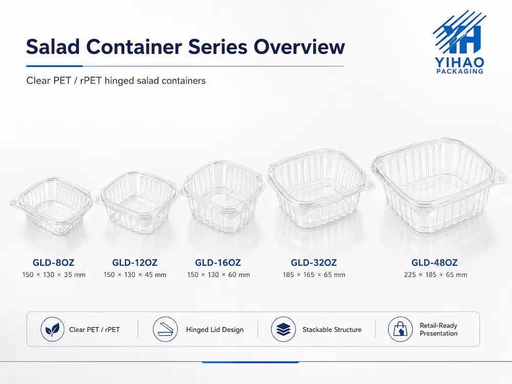 Salad Packaging Containers: Buyer Guide for Food Packaging Teams 1 Clear PET and rPET hinged salad container series overview with multiple sizes