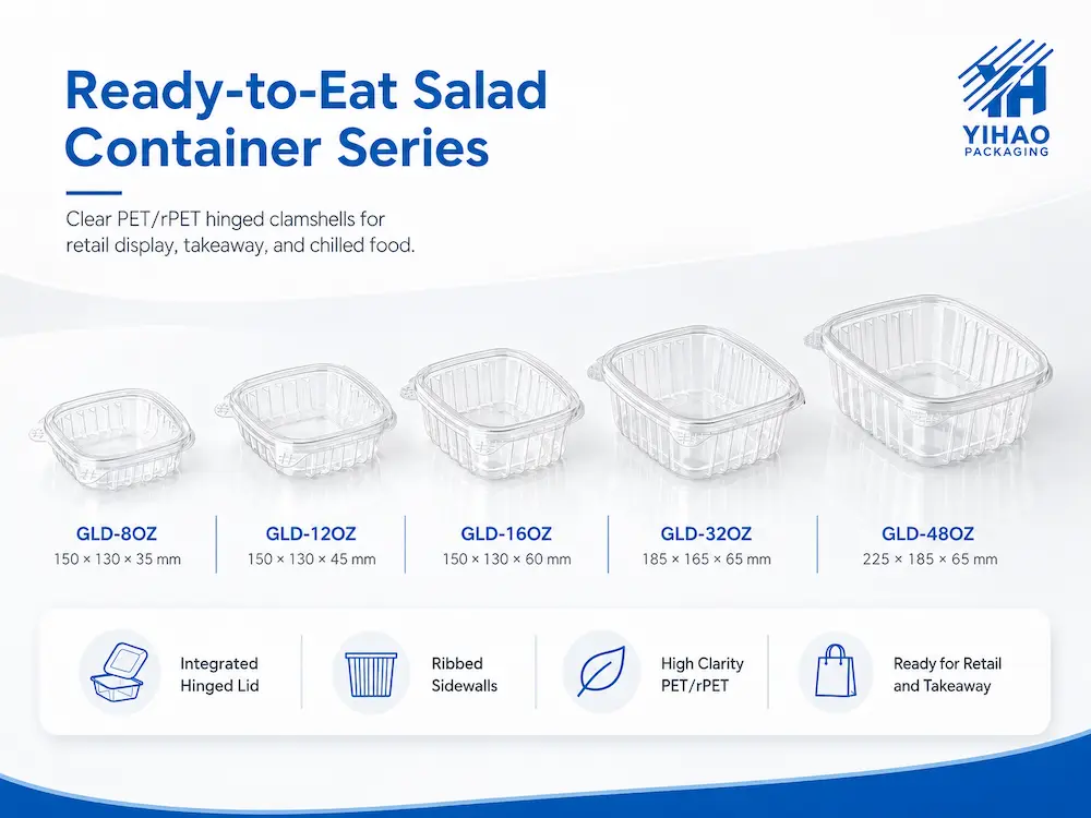 Clear PET and RPET ready-to-eat salad container series for retail display and takeaway packaging